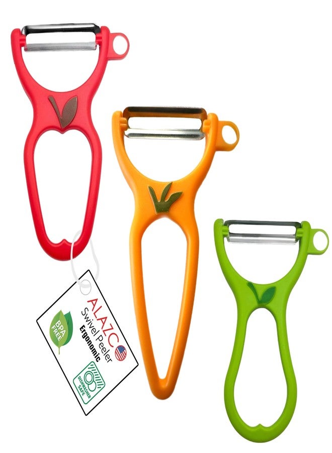ALAZCO 3 Pack BPA-FREE Premium Swivel Fruit Vegetable Peeler Ergonomic Comfort Hold Handle Ultra Sharp Steel Blades Ideal Kitchen Peelers Potato Carrot Apple Cucumber Veggies Dishwasher Safe - Image 1