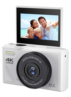64MP Digital Camera for Photography and Video: 4K Vlogging Camera for YouTube with 3'' Flip Screen and 64GB TF Card, 18X Zoom Digital Camera for Gift (White)