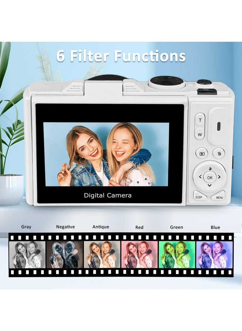 Milatech - 64MP Digital Camera for Photography and Video: 4K Vlogging Camera for YouTube with 3'' Flip Screen and 64GB TF Card, 18X Zoom Digital Camera for Gift (White) - Image 1