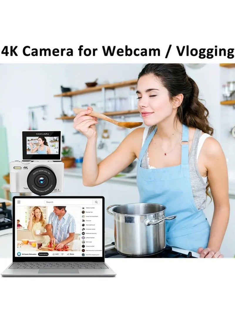 Milatech - 64MP Digital Camera for Photography and Video: 4K Vlogging Camera for YouTube with 3'' Flip Screen and 64GB TF Card, 18X Zoom Digital Camera for Gift (White) - Image 1
