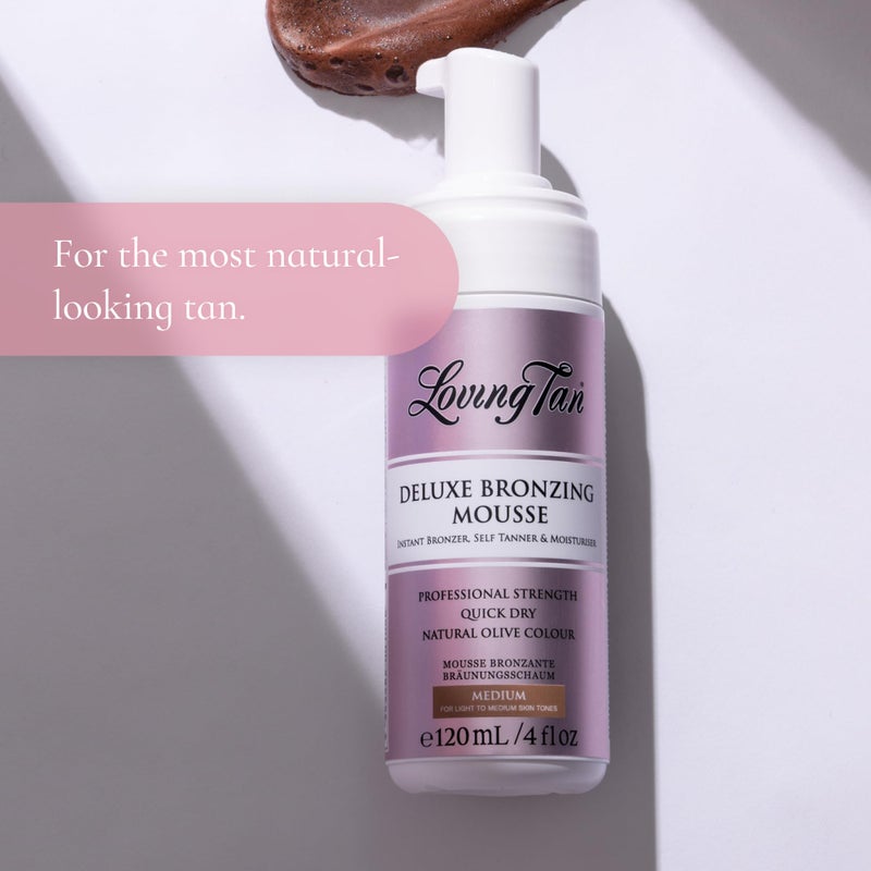 Loving Tan موس برونزي ذاتي التسمير من لوفينغ تان ديلوكس، متوسط - خالي من الخطوط، جودة احترافية للتسمير بدون شمس - حتى 5 تطبيقات من التسمير الذاتي لكل زجاجة، خالي من القسوة، مستخلص بشكل طبيعي من DHA - 4 أونصة سائلة - Image 5
