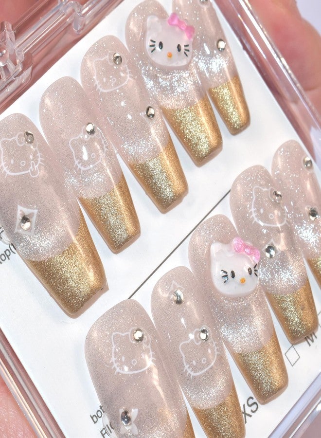 LIFOOST Press on Nails French Tips Long Coffin Fake Nails with Cute Cat Charms Stick on Nails Full Cover False Nails for Women and Girls (Cat Eye Silver) - Image 2