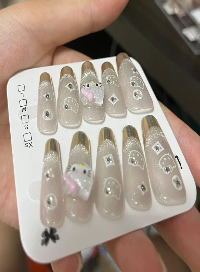 LIFOOST Press on Nails French Tips Long Coffin Fake Nails with Cute Cat Charms Stick on Nails Full Cover False Nails for Women and Girls (Cat Eye Silver) - Image 4