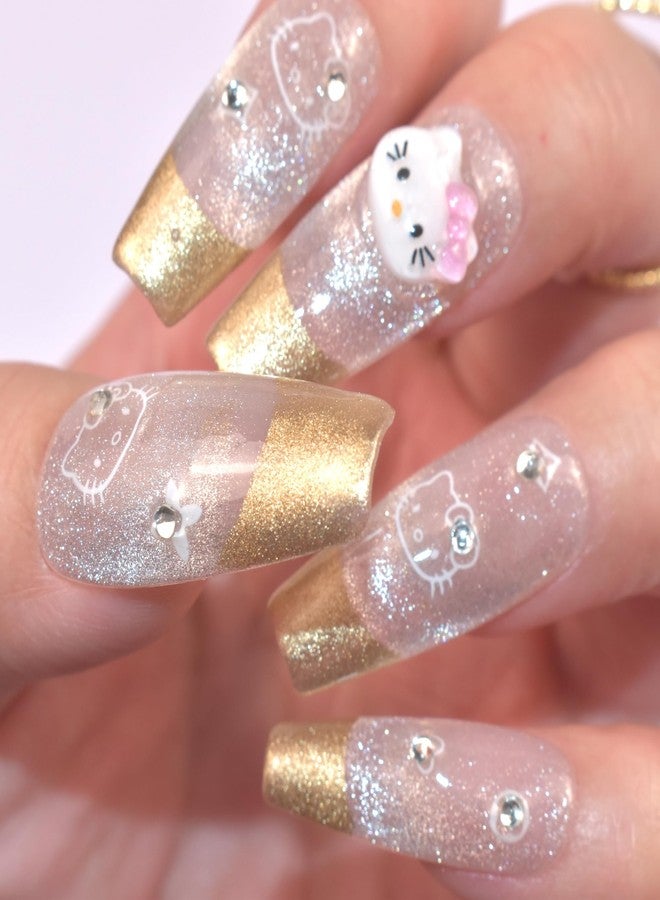 LIFOOST Press on Nails French Tips Long Coffin Fake Nails with Cute Cat Charms Stick on Nails Full Cover False Nails for Women and Girls (Cat Eye Silver) - Image 5
