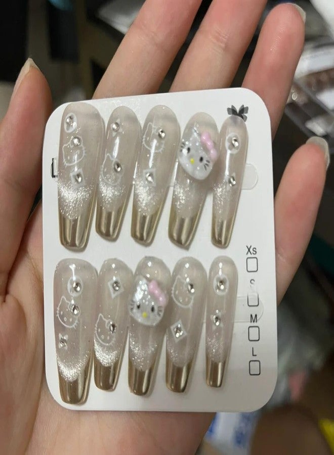 LIFOOST Press on Nails French Tips Long Coffin Fake Nails with Cute Cat Charms Stick on Nails Full Cover False Nails for Women and Girls (Cat Eye Silver) - Image 3