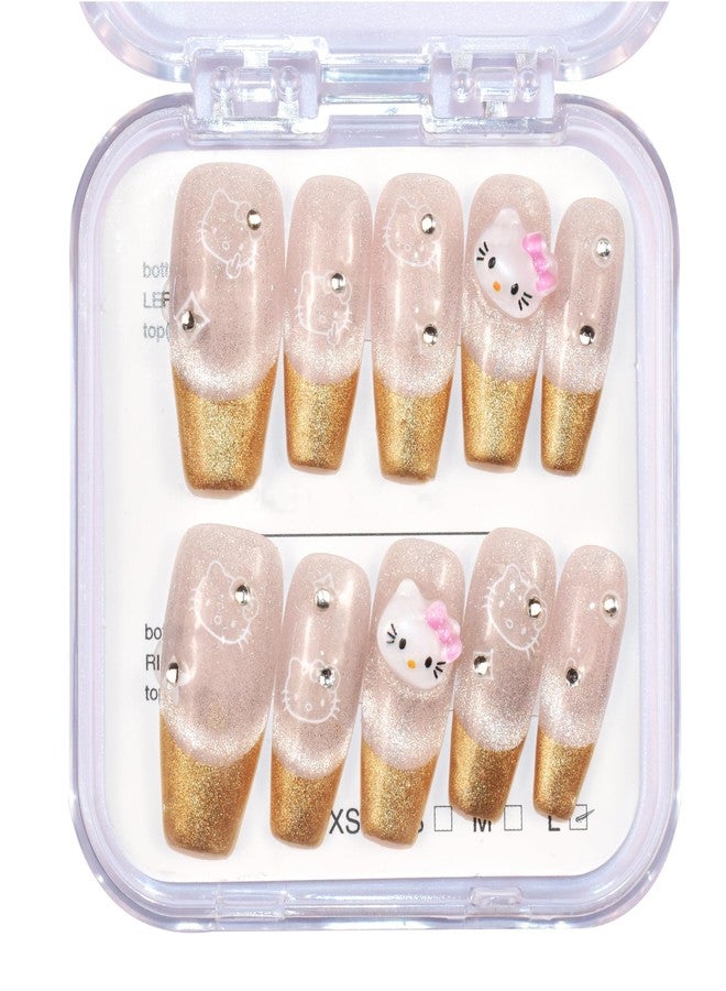 LIFOOST Press on Nails French Tips Long Coffin Fake Nails with Cute Cat Charms Stick on Nails Full Cover False Nails for Women and Girls (Cat Eye Silver) - Image 1
