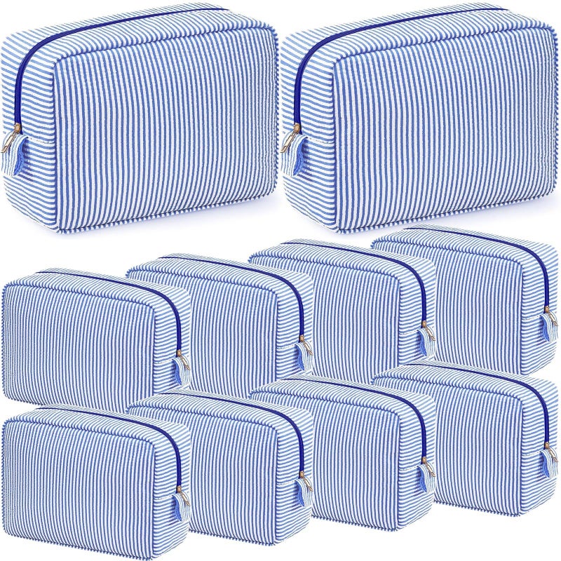 Sanwuta 10 Pcs Seersucker Cosmetic Bag Seersucker Makeup Bag Women Stripe Large Travel Toiletry Organizer Preppy Storage Pouch for Embroidery Wedding Bridesmaid Bride Mom(Sea Blue) - Image 1