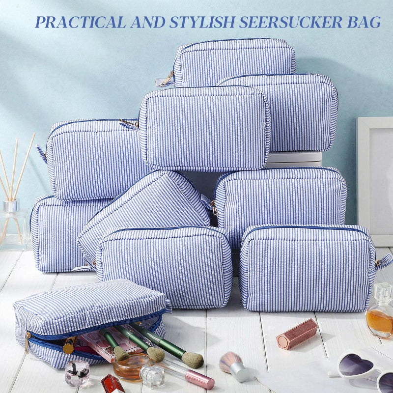 Sanwuta 10 Pcs Seersucker Cosmetic Bag Seersucker Makeup Bag Women Stripe Large Travel Toiletry Organizer Preppy Storage Pouch for Embroidery Wedding Bridesmaid Bride Mom(Sea Blue) - Image 4