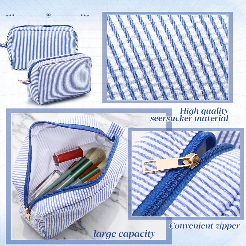 Sanwuta 10 Pcs Seersucker Cosmetic Bag Seersucker Makeup Bag Women Stripe Large Travel Toiletry Organizer Preppy Storage Pouch for Embroidery Wedding Bridesmaid Bride Mom(Sea Blue) - Image 3