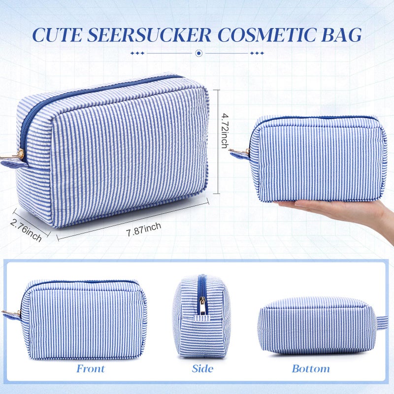 Sanwuta 10 Pcs Seersucker Cosmetic Bag Seersucker Makeup Bag Women Stripe Large Travel Toiletry Organizer Preppy Storage Pouch for Embroidery Wedding Bridesmaid Bride Mom(Sea Blue) - Image 2