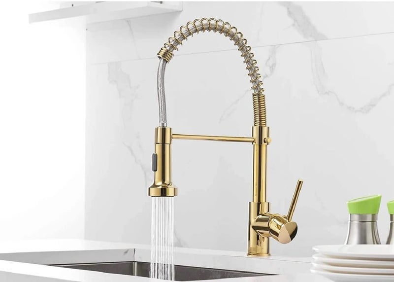 INART Designer Brass Single Handle High Arc Spring Pull Out Kitchen Sink Faucet/Hot & Cold Water Mixer Tap with Pull Down Sprayer Multitask Mode- Gold Color - Image 2