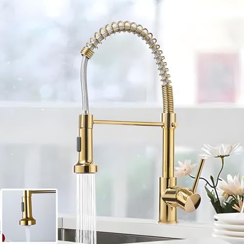 INART Designer Brass Single Handle High Arc Spring Pull Out Kitchen Sink Faucet/Hot & Cold Water Mixer Tap with Pull Down Sprayer Multitask Mode- Gold Color - Image 1