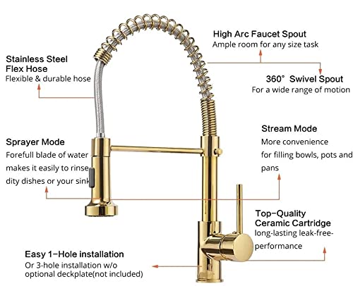 INART Designer Brass Single Handle High Arc Spring Pull Out Kitchen Sink Faucet/Hot & Cold Water Mixer Tap with Pull Down Sprayer Multitask Mode- Gold Color - Image 5