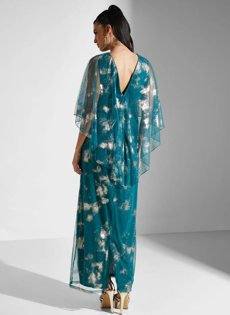 Golden Apple Cape Sleeve Printed  Dress