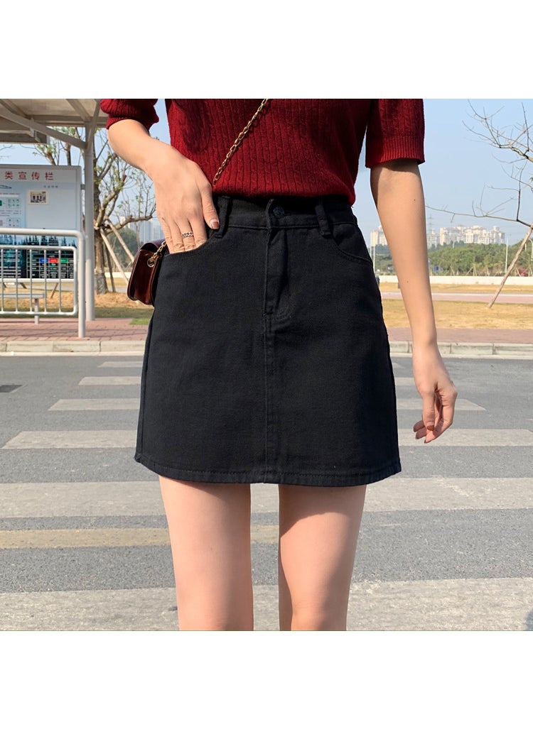 Generic - Pink High-Waist Denim Skirt Loose-Fit Summer Korean A-Line Red - Image 1