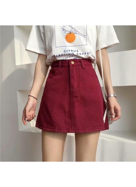 Generic - Pink High-Waist Denim Skirt Loose-Fit Summer Korean A-Line Red - Image 1