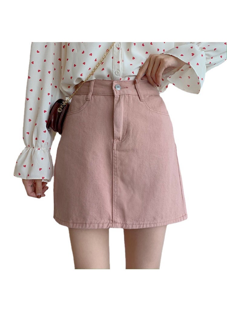 Generic - Pink High-Waist Denim Skirt Loose-Fit Summer Korean A-Line Red - Image 1