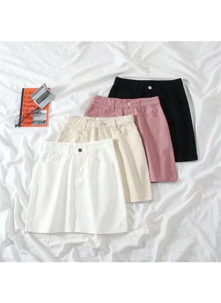 Generic - Pink High-Waist Denim Skirt Loose-Fit Summer Korean A-Line Red - Image 1
