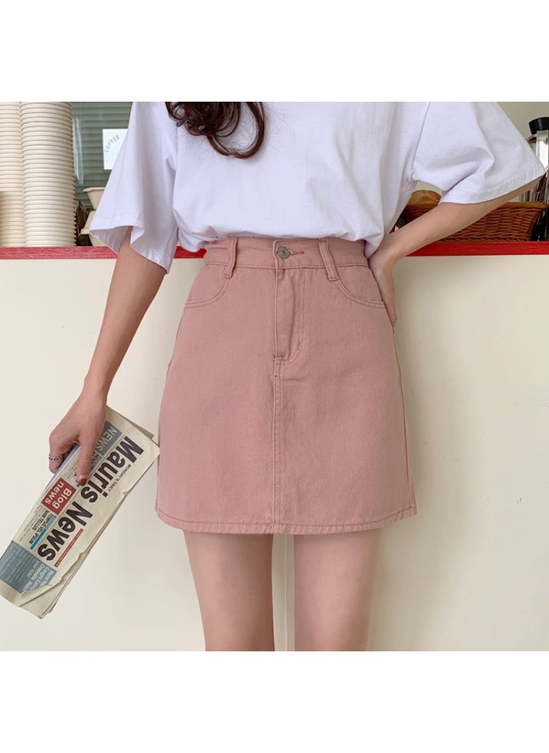 Generic - Pink High-Waist Denim Skirt Loose-Fit Summer Korean A-Line Red - Image 1