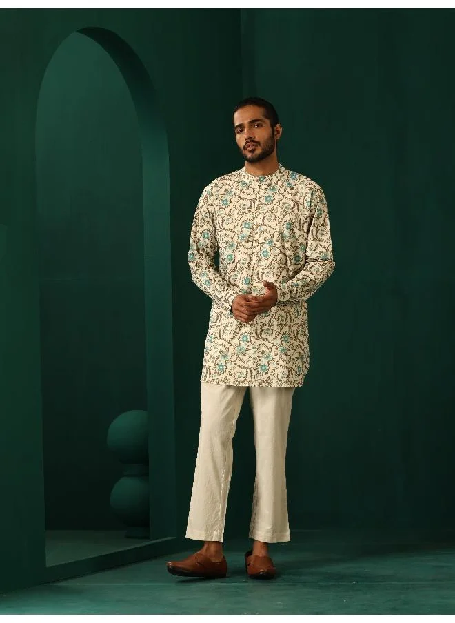 ترو برونز Men's Teal Floral Cotton Printed Co-ord Set