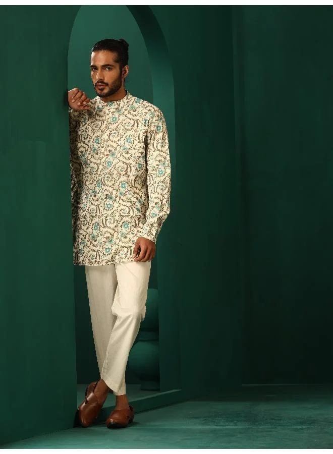ترو برونز Men's Teal Floral Cotton Printed Co-ord Set