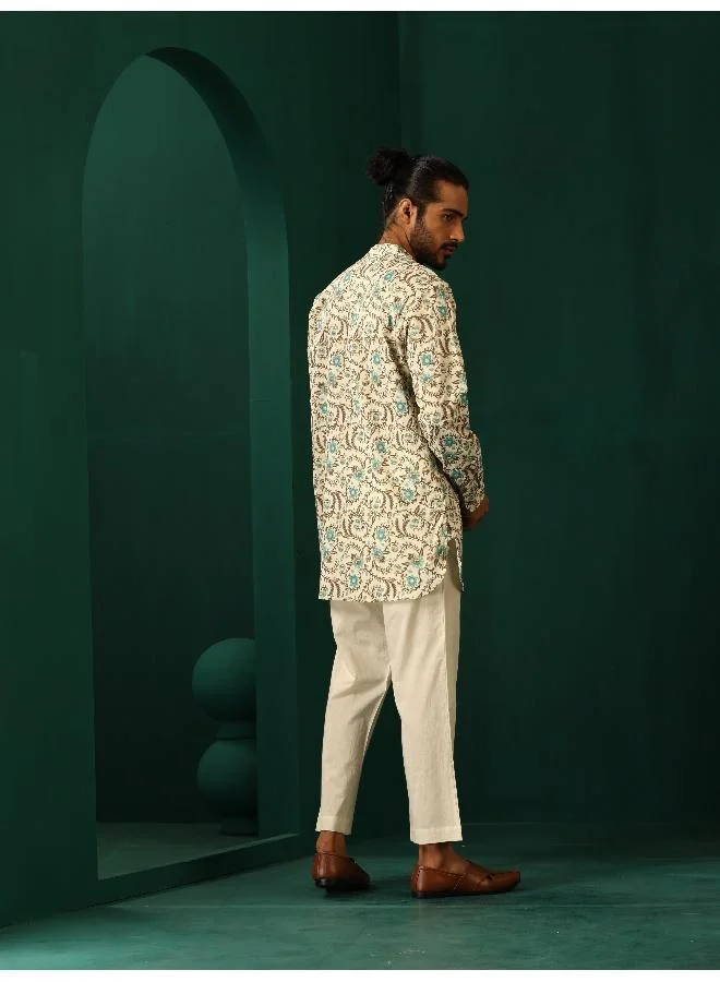 ترو برونز Men's Teal Floral Cotton Printed Co-ord Set