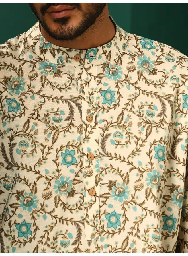 ترو برونز Men's Teal Floral Cotton Printed Co-ord Set