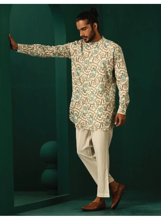 ترو برونز Men's Teal Floral Cotton Printed Co-ord Set