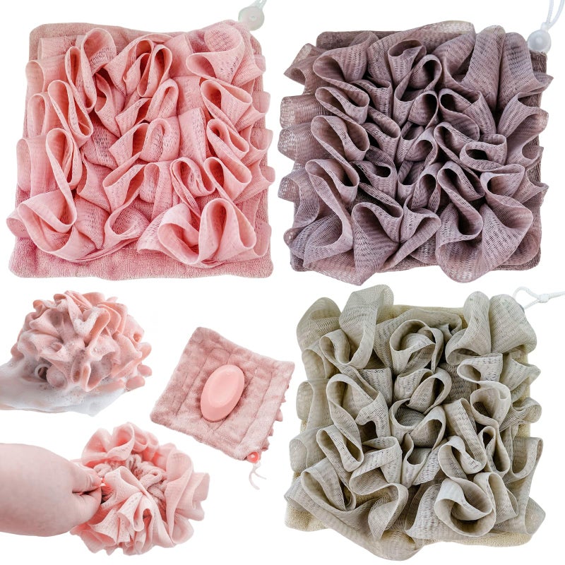 PKRFCJ 3 Pcs Soap Bar Loofah, 2 in 1 Bar Soap Loofah Pouch Can Hold Soap Effective Exfoliation for Bathing (Khaki + Coffee + Pink) - Image 1