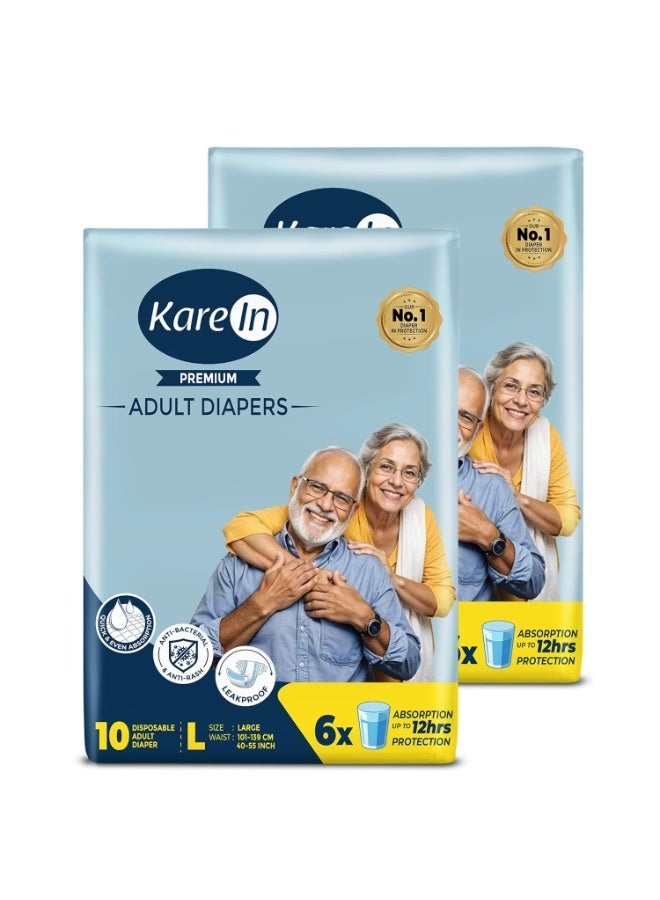 KareIn شريط حفاضات كارين بريميوم للكبار، مقاس كبير (L)، للخصر، 20 قطعة، حماية طويلة الأمد، للجنسين، امتصاص سريع ومتساوٍ، مضاد للبكتيريا، مانع للتسرب، للتحكم في الروائح، مؤشر للبلل. - Image 1