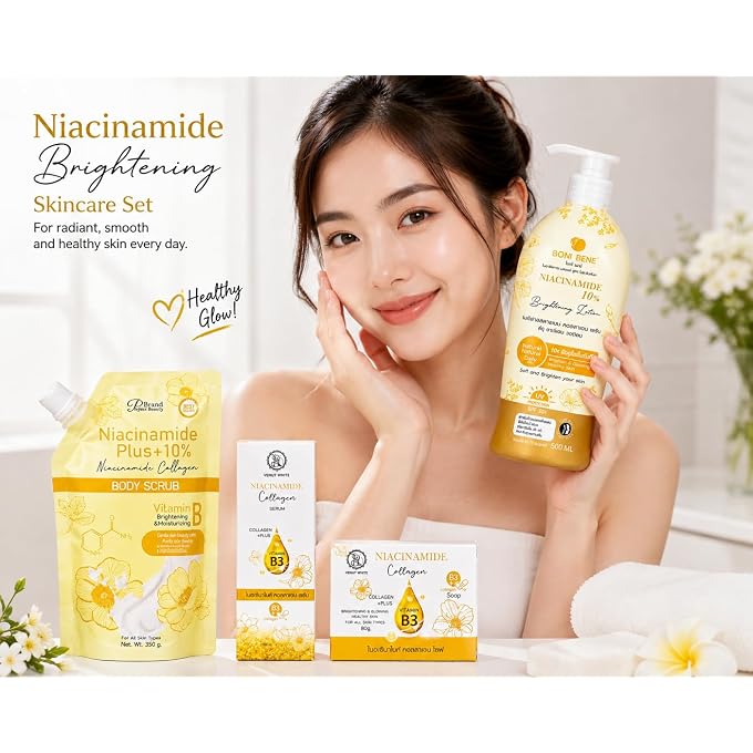 ROSMAR Niacinamide Skin Care Set with Brightening Lotion, Body Scrub, Collagen Serum & Cleansing Soap, Vitamin B3 Skin Care Routine Set, Hydrating & Moisturizing Formula, Made in Thailand, 4-Piece Set - Image 2