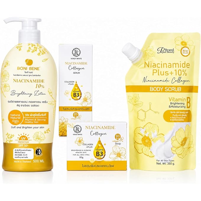 ROSMAR Niacinamide Skin Care Set with Brightening Lotion, Body Scrub, Collagen Serum & Cleansing Soap, Vitamin B3 Skin Care Routine Set, Hydrating & Moisturizing Formula, Made in Thailand, 4-Piece Set - Image 1