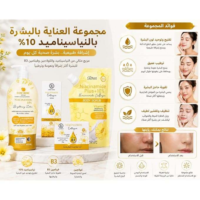 ROSMAR Niacinamide Skin Care Set with Brightening Lotion, Body Scrub, Collagen Serum & Cleansing Soap, Vitamin B3 Skin Care Routine Set, Hydrating & Moisturizing Formula, Made in Thailand, 4-Piece Set - Image 3