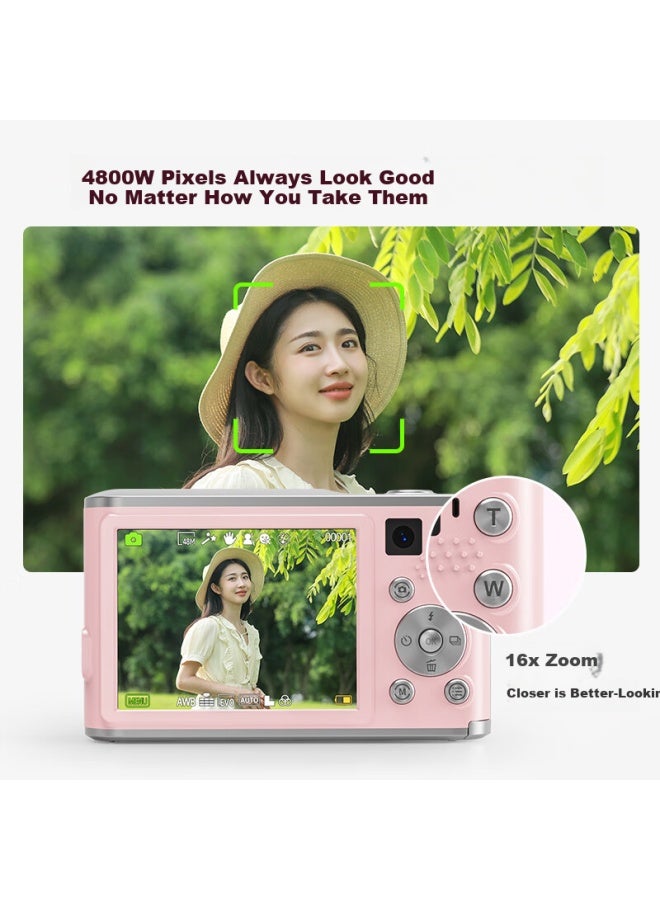 Caizu Dual Camera 9600w High Definition Pixel Digital Camera Selfie Vlog Mini Card Camera Student Campus Entry Portable Carry-on Can Replace Mobile Phone Ccd Camera Pink - Image 1