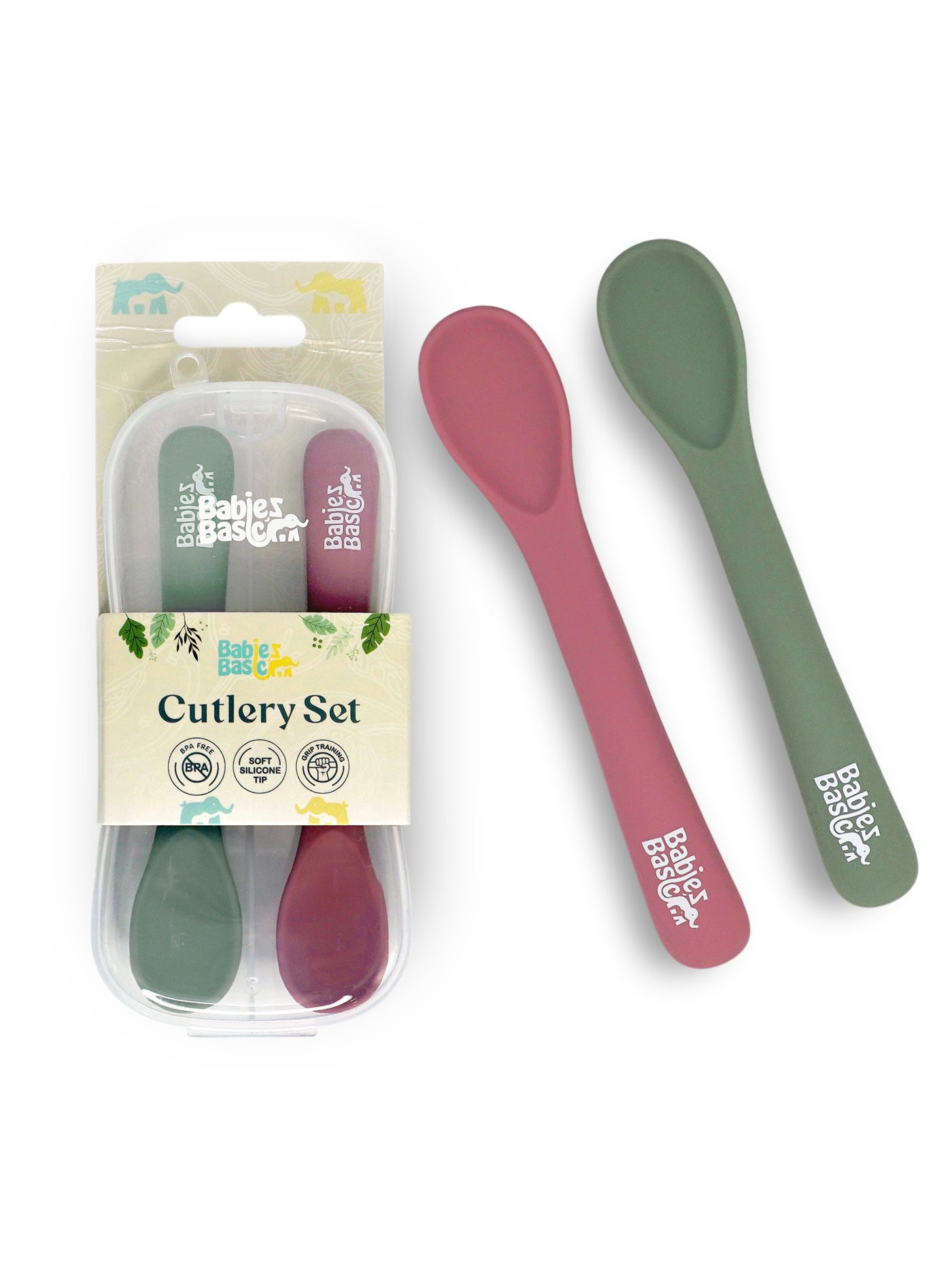 Babies Basic Flexible Silicone Spoon Set with travel case for kids, Dusty Pink and Green