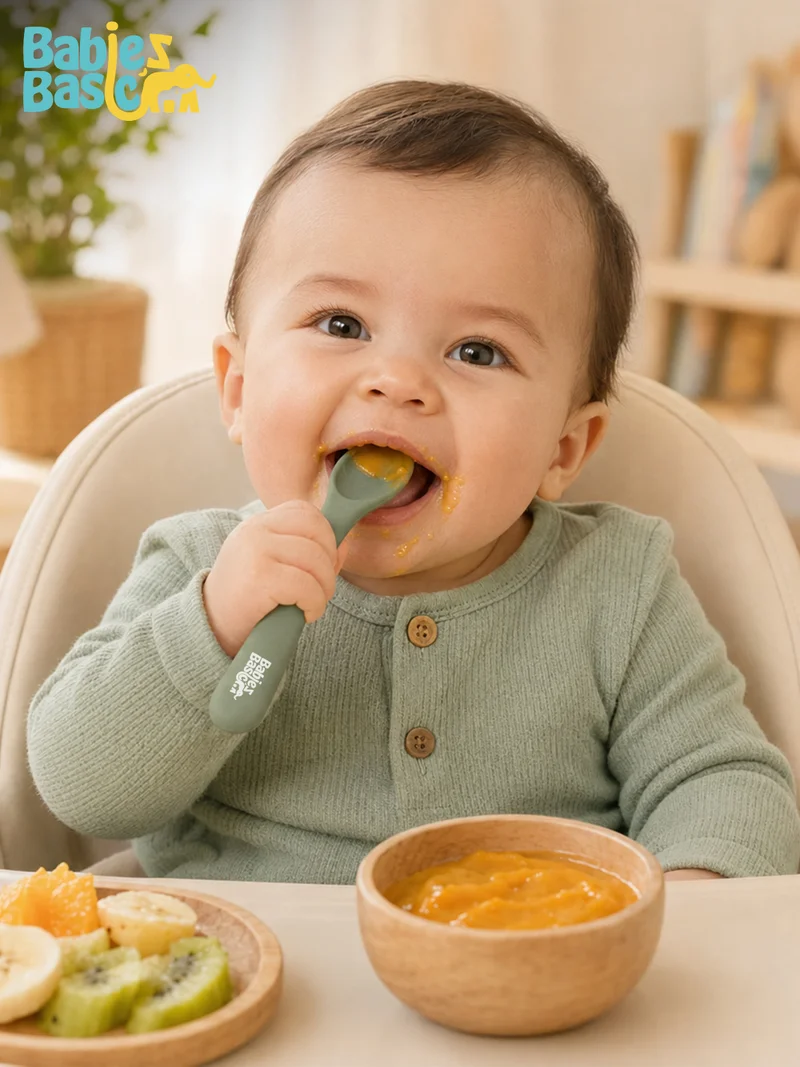 Babies Basic Babies Basic Flexible Silicone Spoon Set with travel case for kids, Dusty Pink and Green