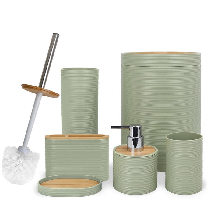 BATHROOM ACCESSORIES SET 6 PIECE BAMBOO BATH ENSEMBLE INCLUDES SOAP DISPENSER TOOTHBRUSH HOLDER TOOTHBRUSH CUP SOAP DISH FOR DECORATIVE COUNTERTOP AND HOUSEWARMING GIFT SRIRAL GREEN