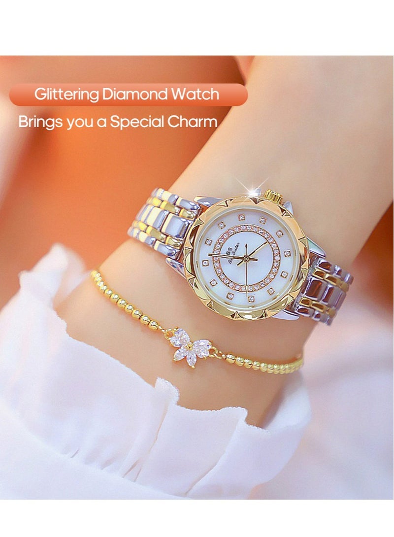 بي إس ساعة يد للنساء بتصميم عصري، علبة معدنية، سوار أنالوج، مجموعة ساعة وكواتش مرصعة بالألماس من الكوارتز. - Image 4