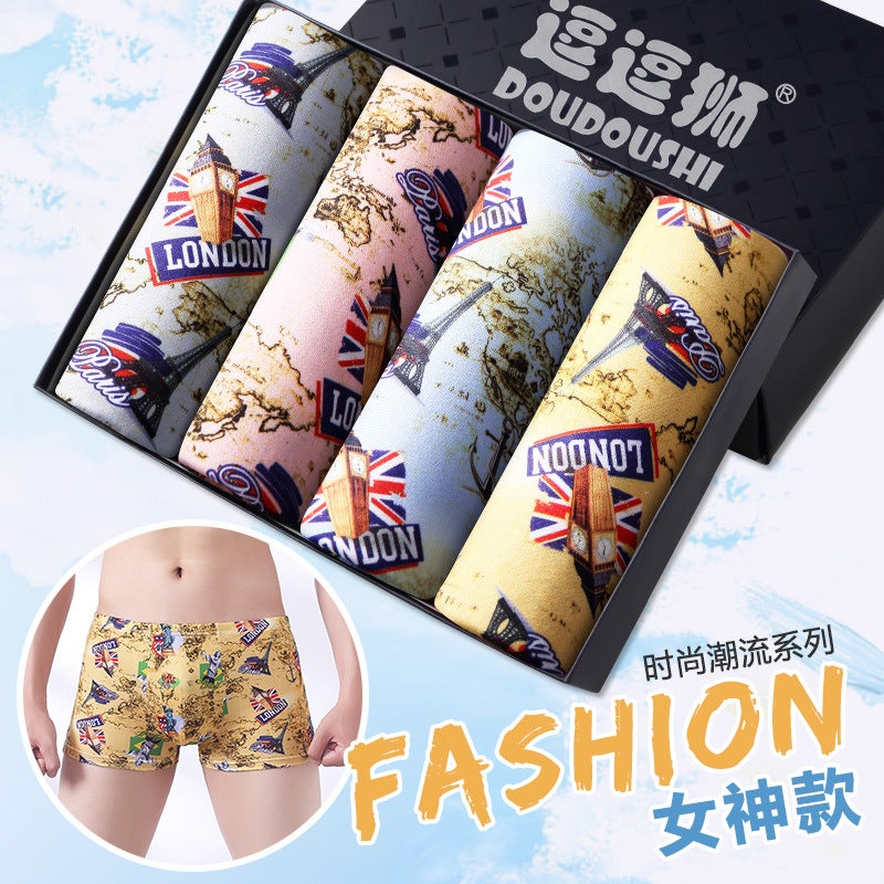 Four-Pack Men'S Underwear Boxer Breathable Student Men'S Printed Shorts Fashion Trendy Plus Fat Youth Shorts - Image 1