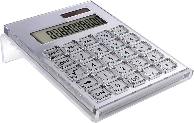 EXPUTRAN Acrylic Calculator with Stand, Battery and Solar Hybrid Powered Basic Calculator 12-Digit LCD Display,Home Office Desktop Accessories(Silver) - Image 1