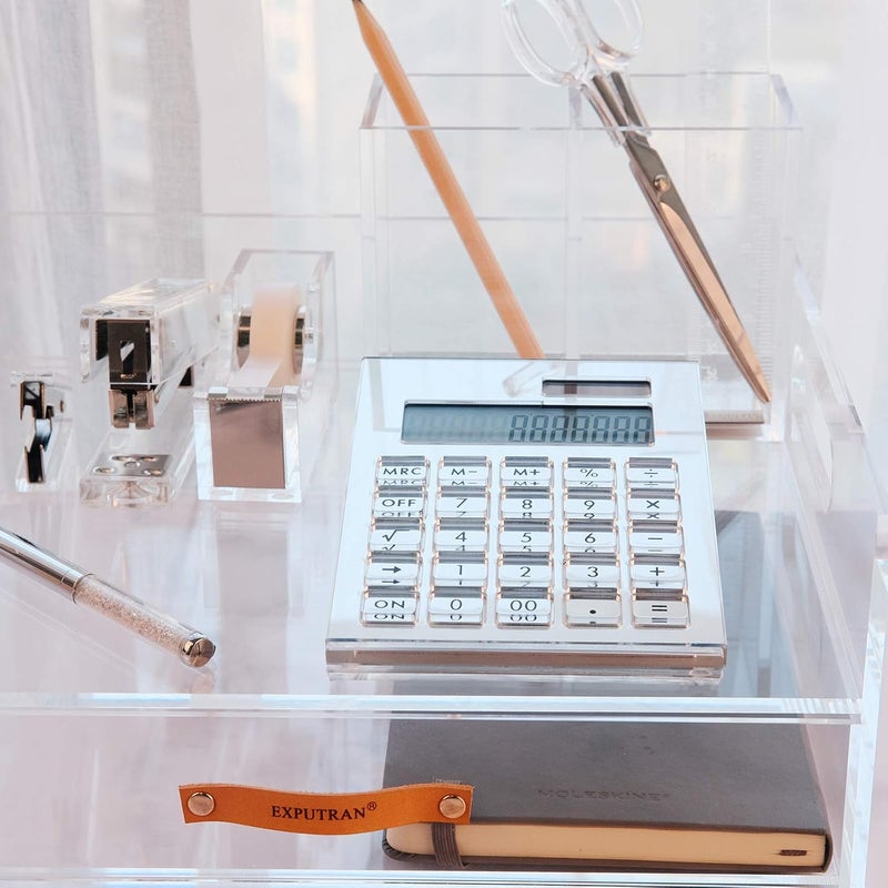 EXPUTRAN Acrylic Calculator with Stand, Battery and Solar Hybrid Powered Basic Calculator 12-Digit LCD Display,Home Office Desktop Accessories(Silver) - Image 2