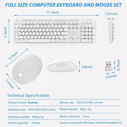 Kootop Wireless Keyboard Mouse Combo, 104 Keys Cute White Keyboard with Number Pad & Mouse for Windows, Computer, PC, Notebook, Laptop (White) - Image 5