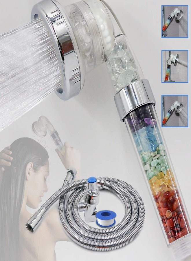 BBJohn Chakra Crystal Shower Head. Natural Gemstones. Healing Crystals. Water Purification. Mineral. Ph Balance. Healing Energy. 7 Stones. Water Filtering. Bathroom (Shower Head+Hose+Bracket) - Image 1