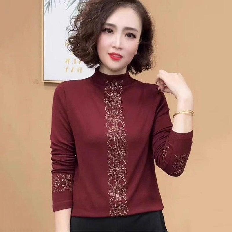 Half-turtleneck undershirt women's autumn and winter 2025 new style stylish perm diamond mother outfit brushed warm temperament small shirt trendy - Image 1