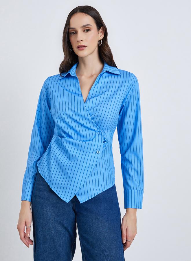 Styli Women Blue Striped Long Sleeve Wrap Top - Image 1