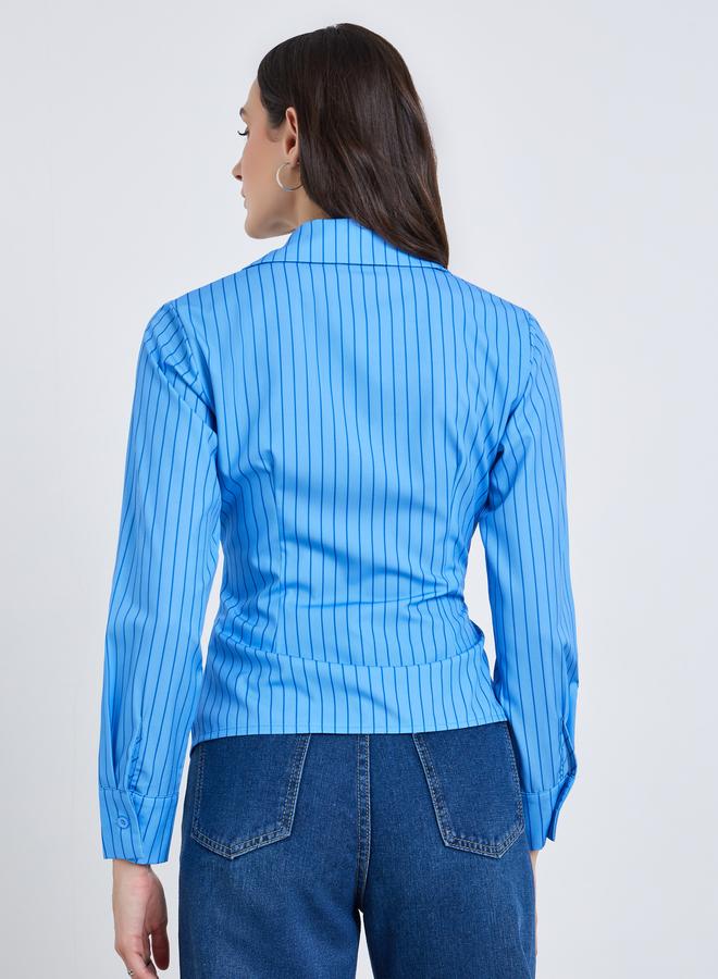 Styli Women Blue Striped Long Sleeve Wrap Top - Image 5