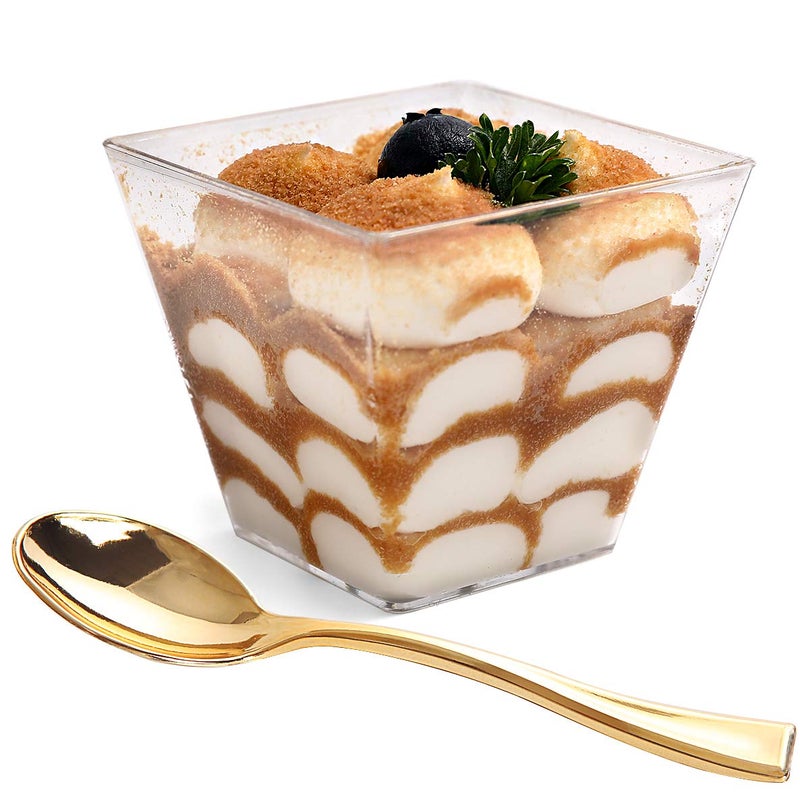 supernal supernal 100pcs Square Plastic Dessert Cups 4oz with 100pcs Mini Gold Plastic Spoons Plastic Parfait Appetizer Cup Medium Clear Dessert cups Perfect for Cakes Ice Cream Desserts Appetizers 