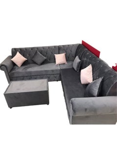 Maharat Al Bahar L Shape Velvat Sofa Set 6 Seater with Cushion & table Grey 250X80X80  - Image 1