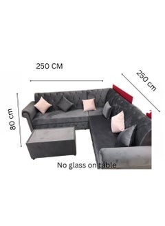 Maharat Al Bahar L Shape Velvat Sofa Set 6 Seater with Cushion & table Grey 250X80X80  - Image 2