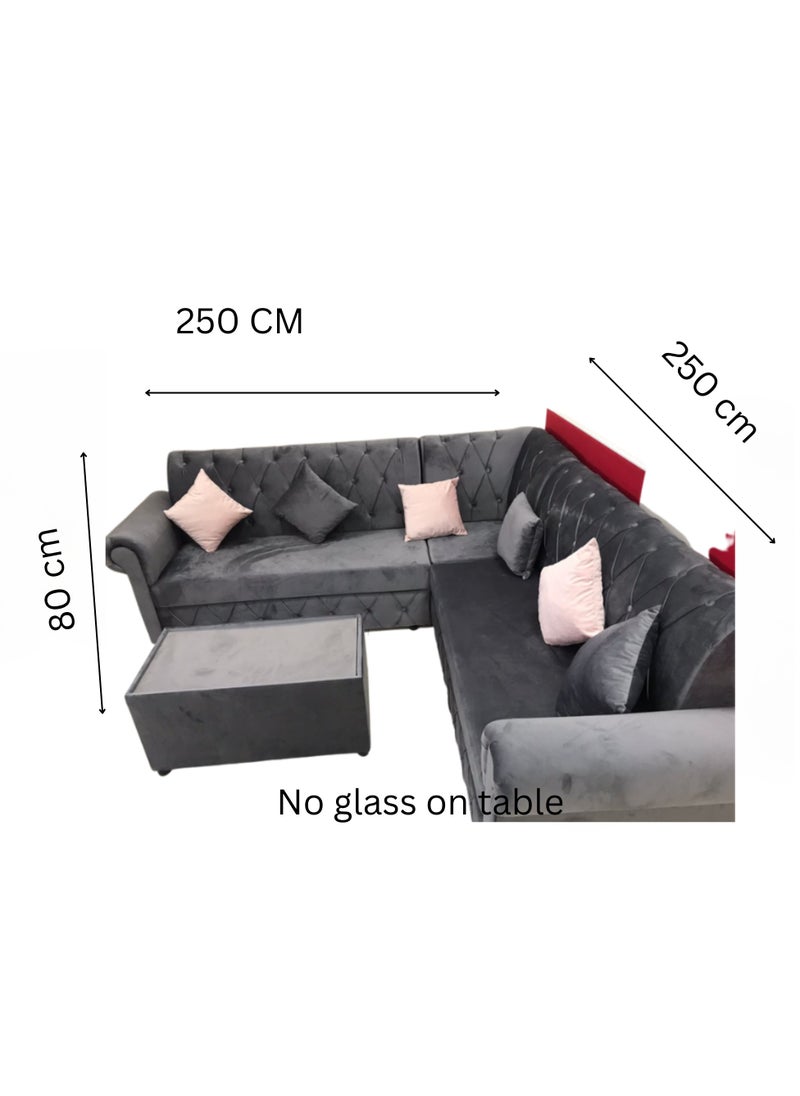 مهارة البحر - طقم أريكة مخملية على شكل حرف L مع وسادة وطاولة رمادي / -250X80X80 - Image 1